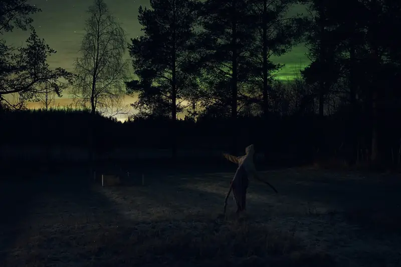 A moody, dark night photograph. In a frosty field, a strange humanoid figure resembling a scarecrow stands with arms outstretched. Behind it, a dark forest silhouette is faintly backlit by a subtle green glow in the night sky.